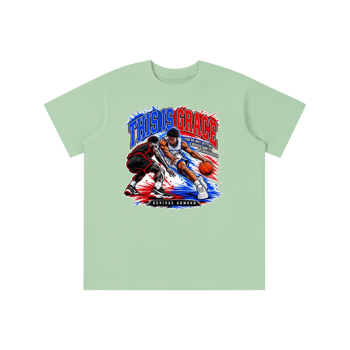 THIS IS GRACE YOU'RE NOT GETTING CROSSED WITH A CROSSOVER ( MARK 1:15 IS ON HIS SHOES TOO ) youth T-shirt