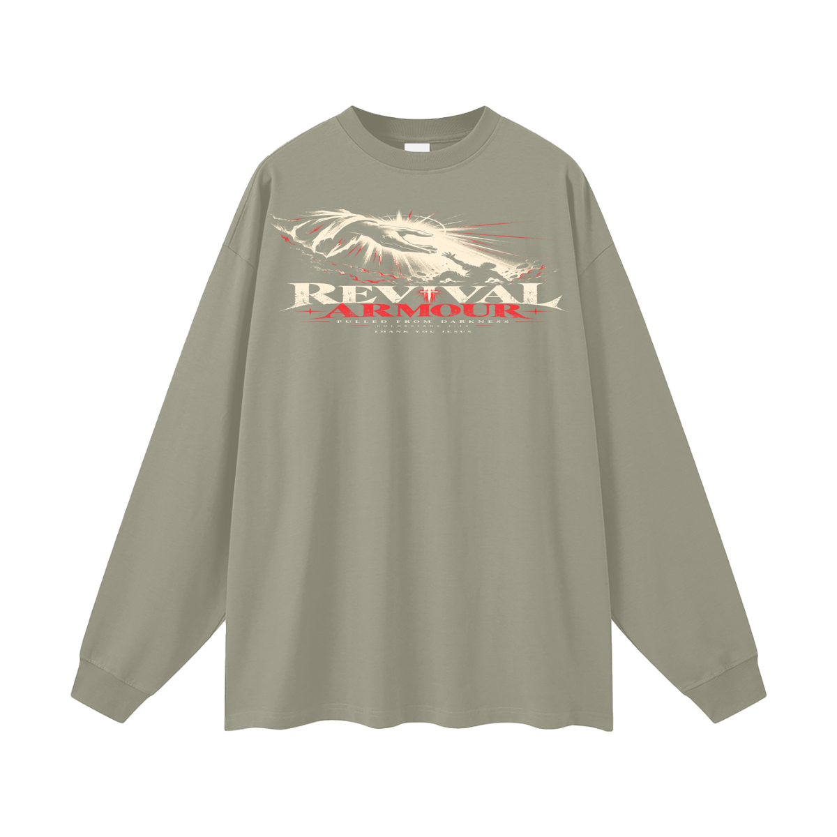 REVIVAL ARMOUR -PULLED FROM DARKNESS- -1 COLOSSIANS 1:13- THANK YOU JESUS Long Sleeve T-Shirt