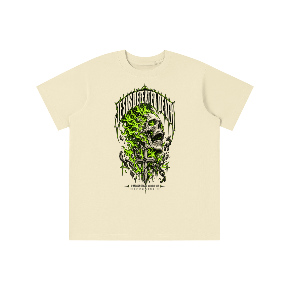 JESUS DEFEATED DEATH - 1 CORINTHIANS 15:55-57- youth T-shirt