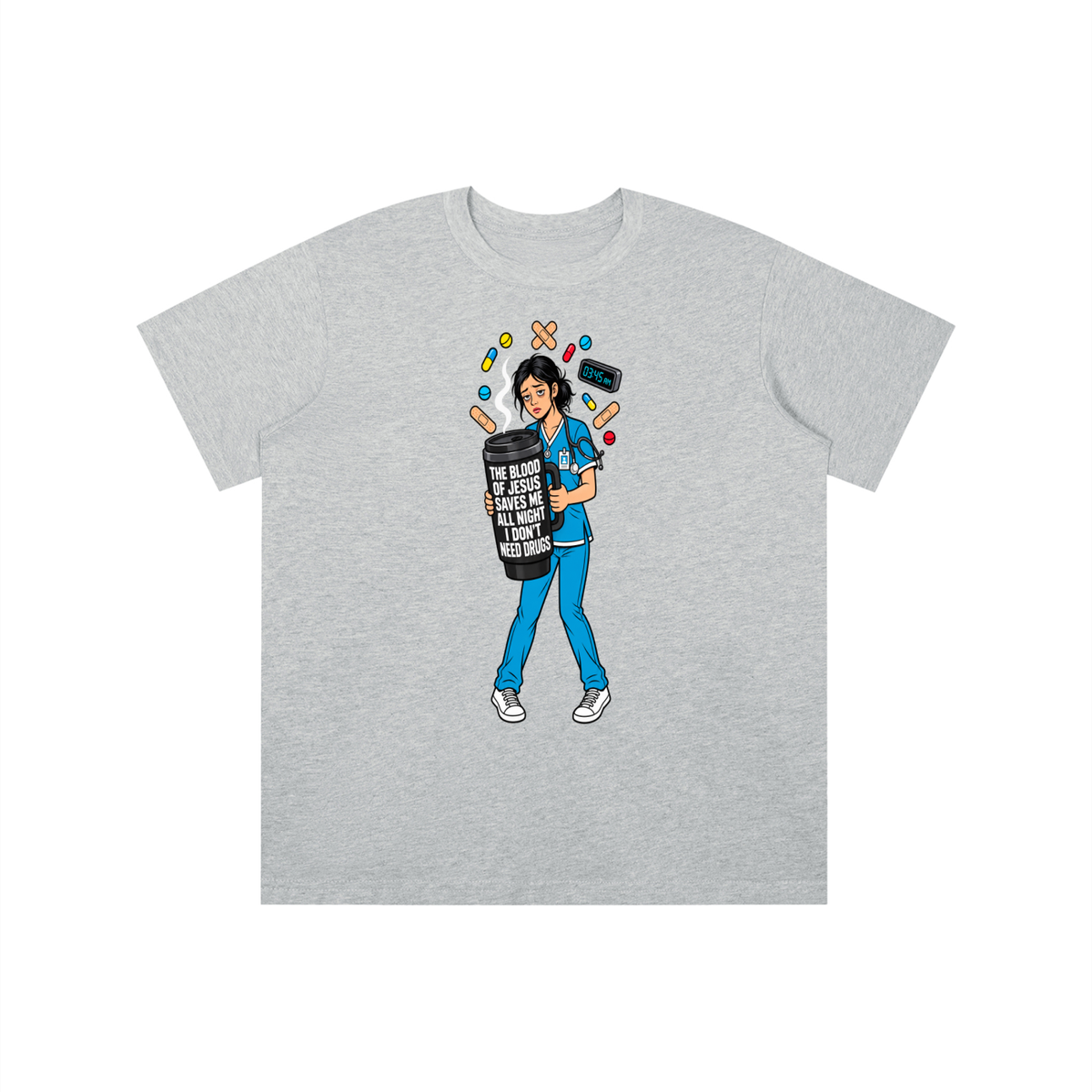 THE BLOOD OF JESUS SAVES ME ALL NIGHT I DON'T NEED DRUGS youth T-shirt