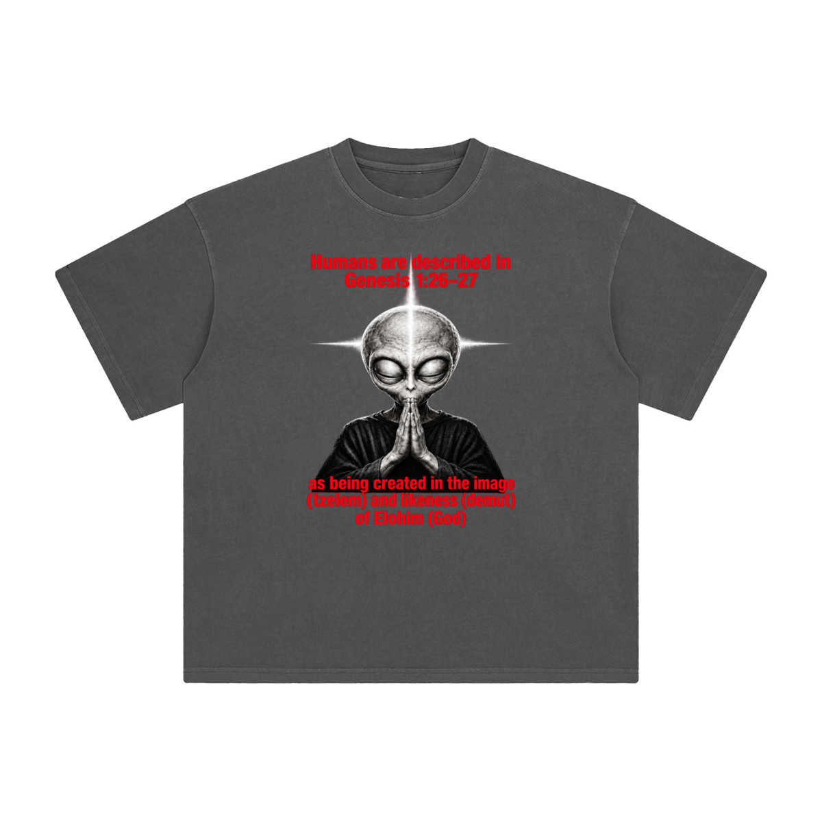 human are described in Genesis 1:26-27 as being created in the image (tzelem) and likeness (demut) of Elohim (God) T-Shirt
