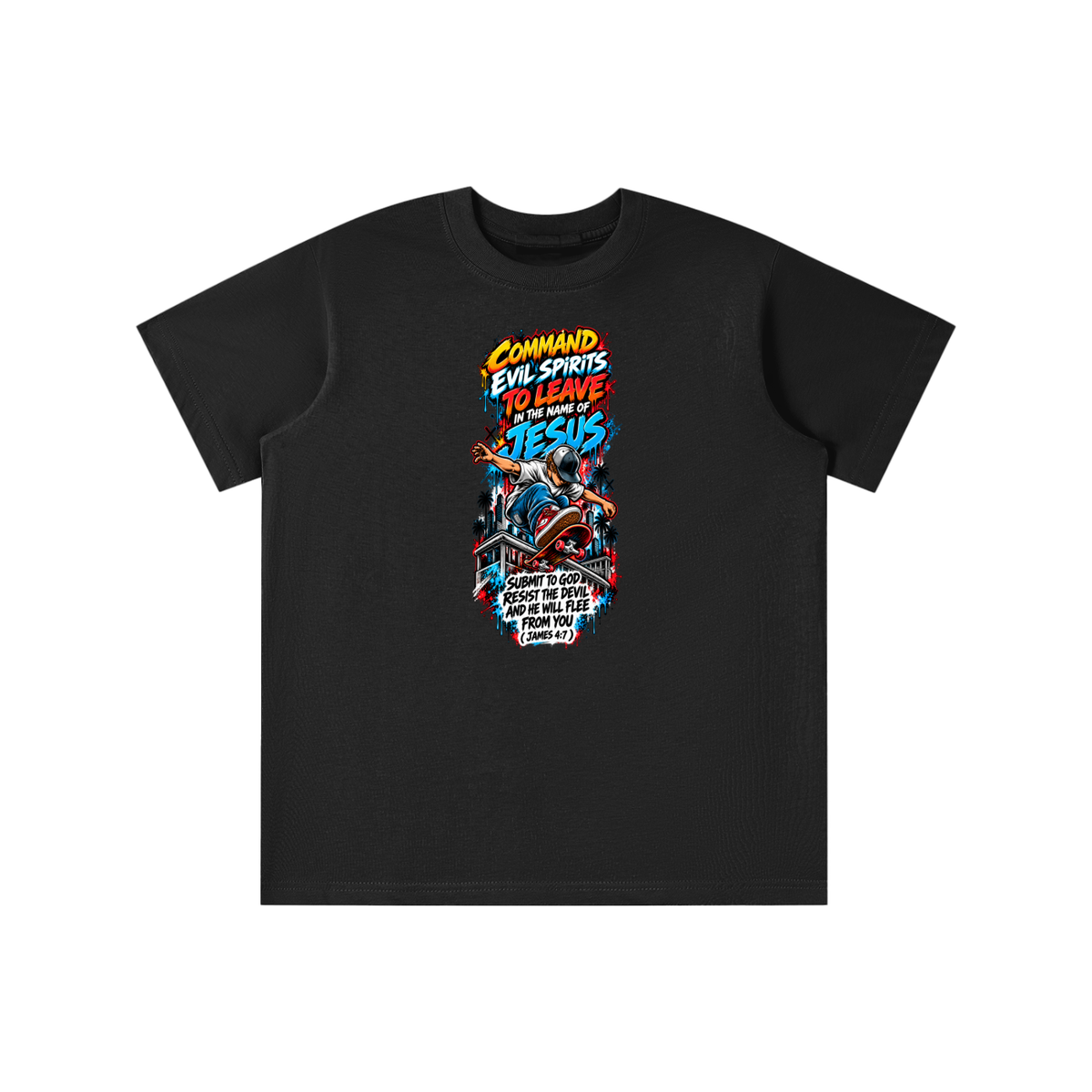COMMAND EVIL SPIRITS TO LEAVE IN THE NAME OF JESUS SUBMIT TO GOD RESIST THE DEVIL AND HE WILL FLEE FROM YOU ( JAMES 4:7 ) youth T-shirt
