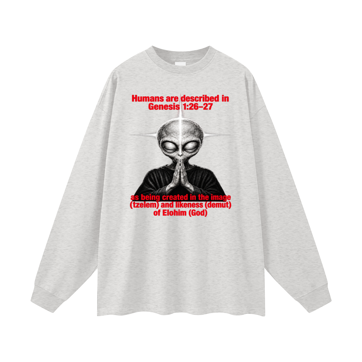 human are described in Genesis 1:26-27 as being created in the image (tzelem) and likeness (demut) of Elohim (God) Long Sleeve T-Shirt