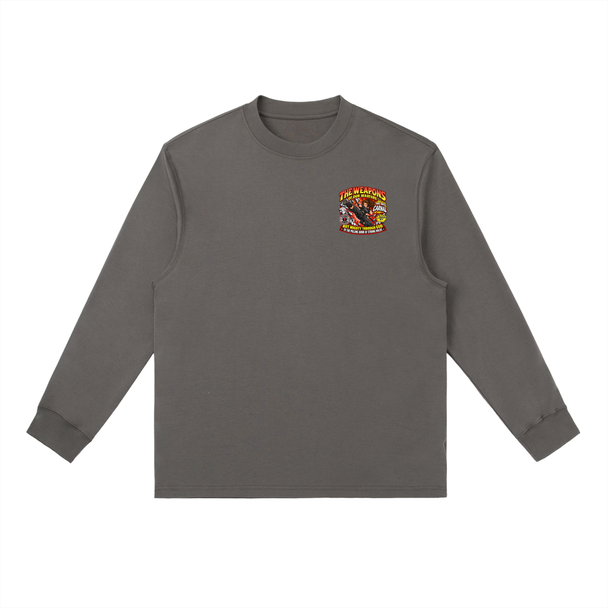 THE WEAPONS OF OUR WARFARE ARE NOT CARNAL INSPIRED BY 2 CORINTHIANS 10:4 BUT MIGHTY THROUGH GOD TO THE PULLING DOWN OF STRONG HOLDS REVIVAL ARMOUR Long-Sleeve T-Shirt
