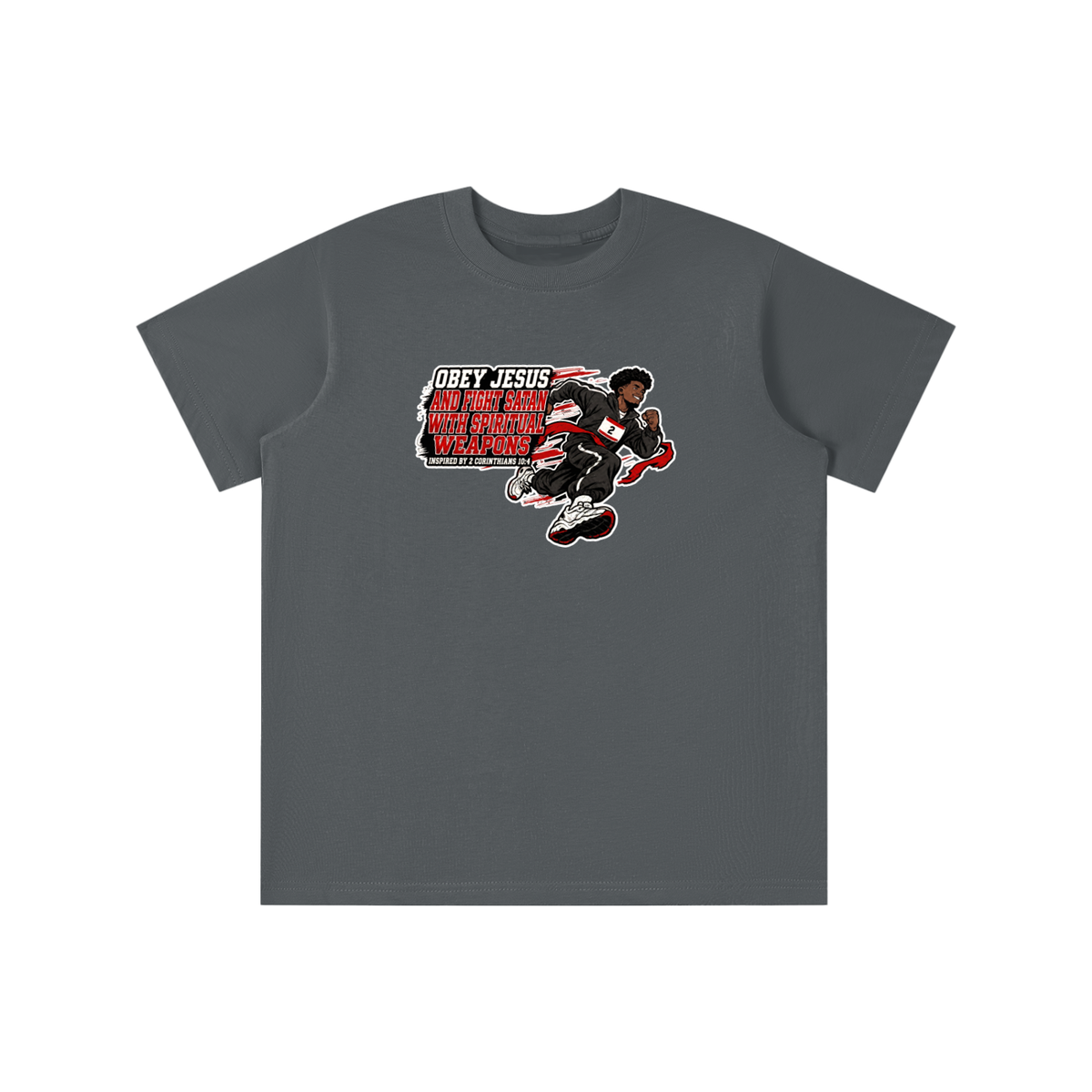 OBEY JESUS AND FIGHT SATAN WITH SPIRITUAL WEAPONS INSPIRED BY 2 CORINTHIANS 10:4 youth T-shirt