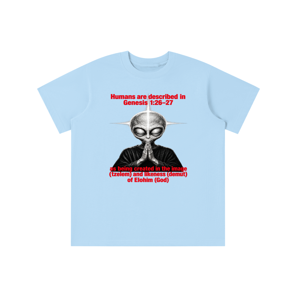human are described in Genesis 1:26-27 as being created in the image (tzelem) and likeness (demut) of Elohim (God) youth T-shirt