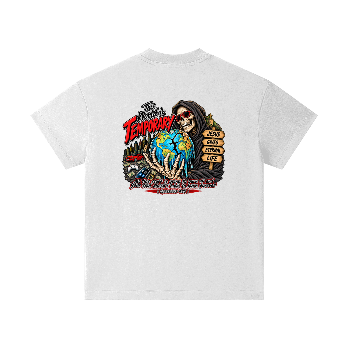 This world is temporary Jesus gives eternal life all this stuff is going to burn up and your doesn't have to burn forever ( Ephesians 4:29 ) Kids T-Shirt