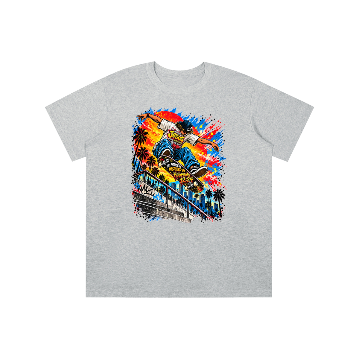 the blood of Jesus speaks better things than the blood of Abel the phrase is inspired by HEBREWS 12:24 skater youth T-shirt