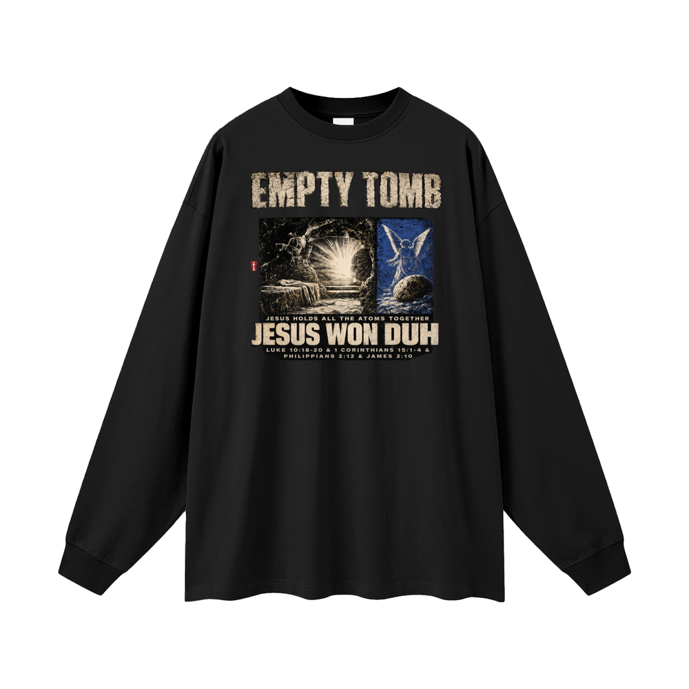 EMPTY TOMB JESUS HOLDS ALL THE ATOMS TOGETHER JESUS WON DUH LUKE 10:18-20 & 1 CORINTHIANS 15:1-4 & PHILIPPIANS 2:12 & JAMES 2:10 Long Sleeve T-Shirt