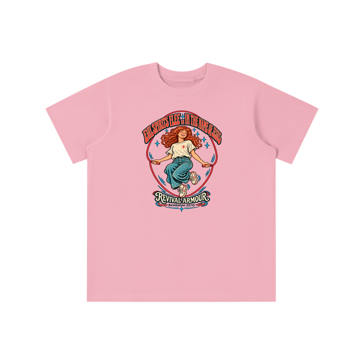 EVIL SPIRITS FLEE IN THE NAME OF JESUS REVIVAL ARMOUR *Revelation 22:15* youth T-shirt