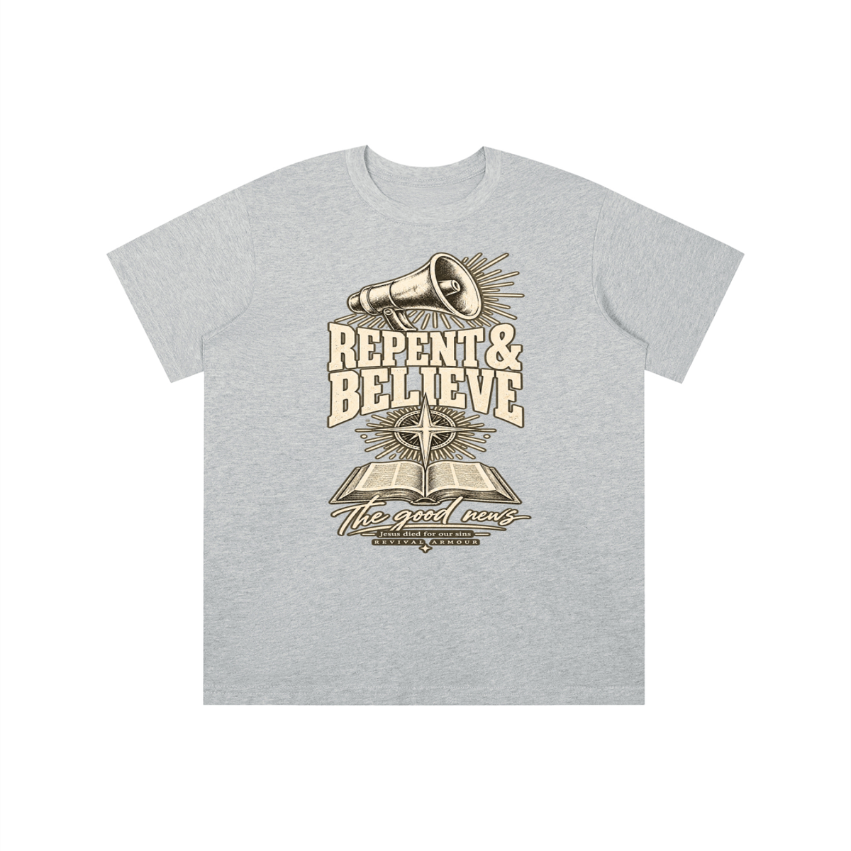 REPENT & BELIEVE The good news Jesus died for our sins REVIVAL ARMOUR youth T-shirt