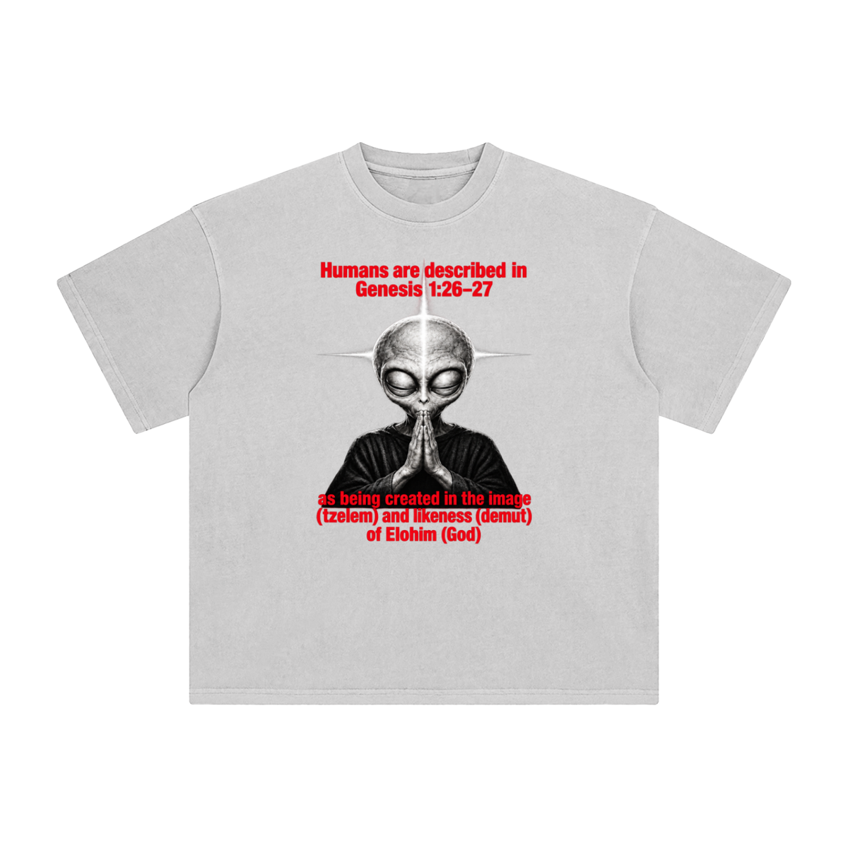 human are described in Genesis 1:26-27 as being created in the image (tzelem) and likeness (demut) of Elohim (God) T-Shirt