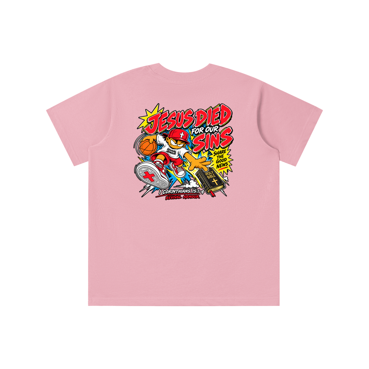 SUBMIT TO JESUS RESIST THE DEVIL AND HE WILL FLEE FROM YOU INSPIRED BY JAMES 4:7 JESUS DIED FOR OUR SINS SHARE THE GOOD NEWS HOLY BIBLE 1 CORTHIANS 15:1-4 REVIVAL ARMOUR youth T-shirt