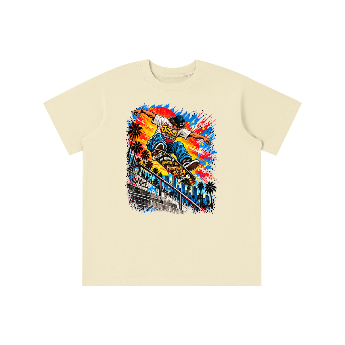 the blood of Jesus speaks better things than the blood of Abel the phrase is inspired by HEBREWS 12:24 skater youth T-shirt