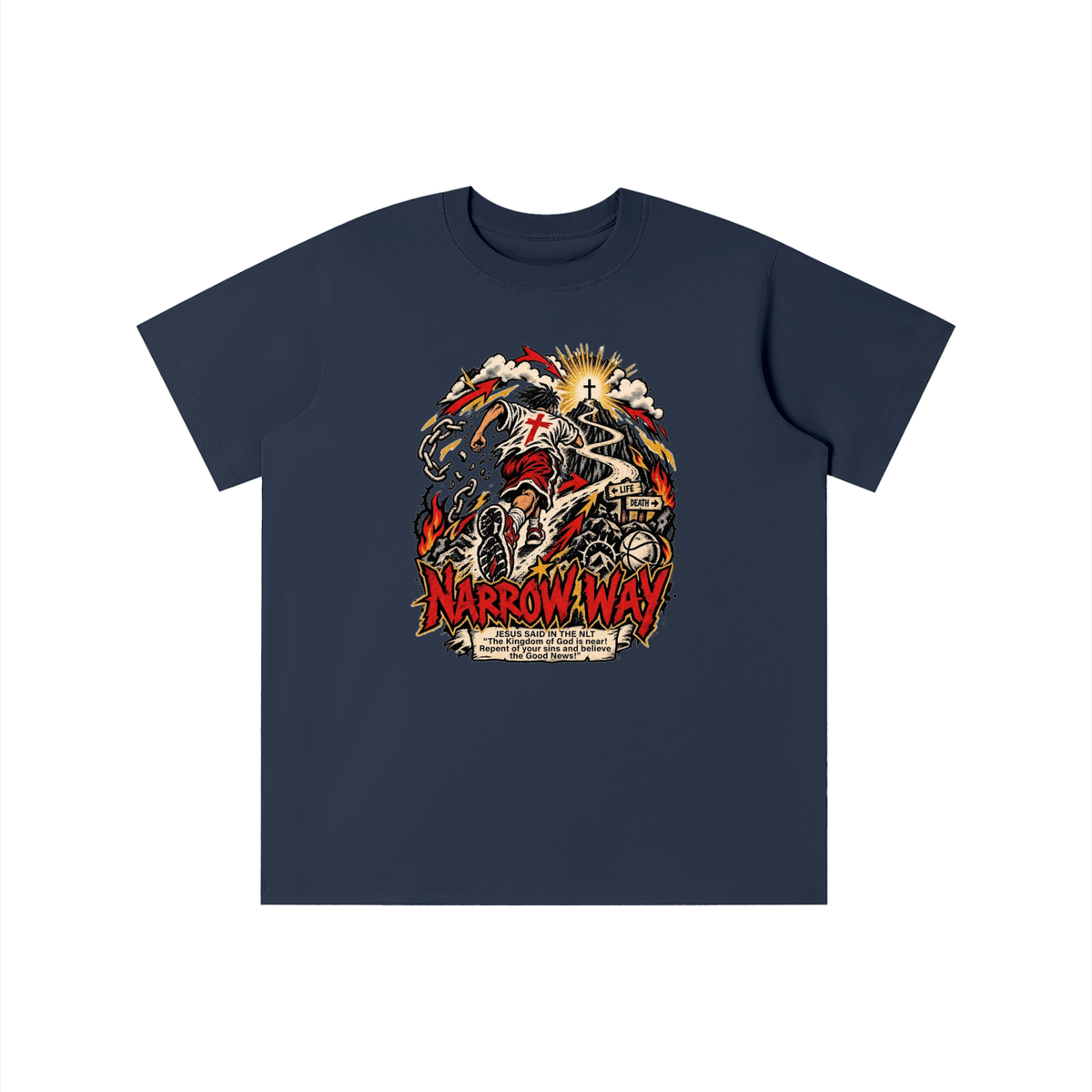 NARROW WAY JESUS SAID IN NLT "The kingdom of God is near! Repent of your sins and believe the Good News!" youth T-shirt