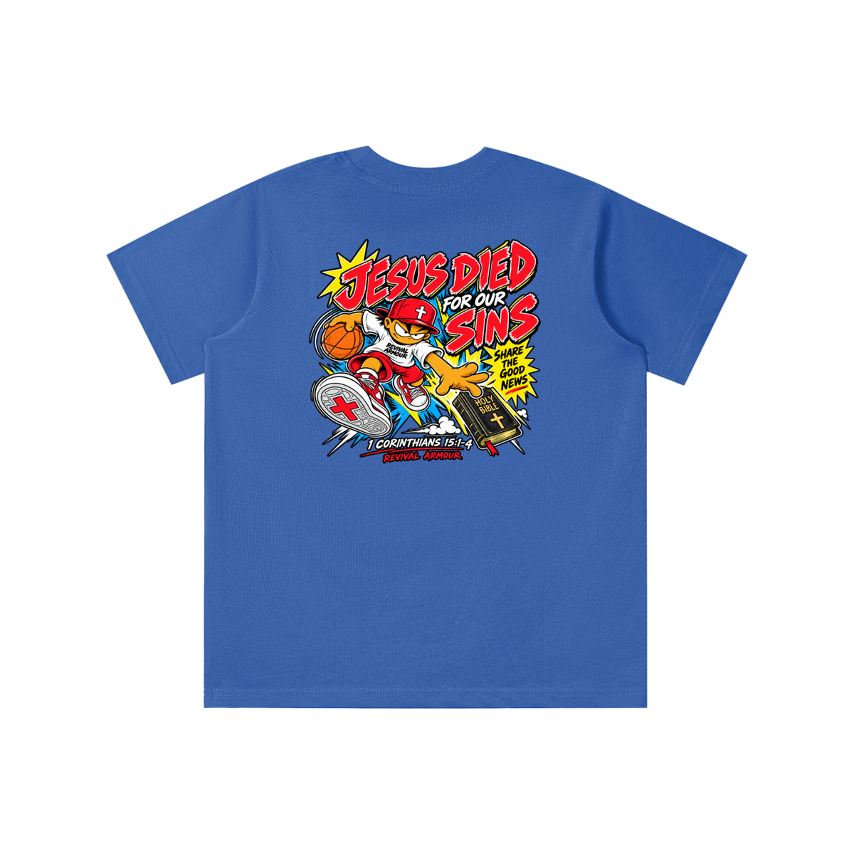 SUBMIT TO JESUS RESIST THE DEVIL AND HE WILL FLEE FROM YOU INSPIRED BY JAMES 4:7 JESUS DIED FOR OUR SINS SHARE THE GOOD NEWS HOLY BIBLE 1 CORTHIANS 15:1-4 REVIVAL ARMOUR youth T-shirt