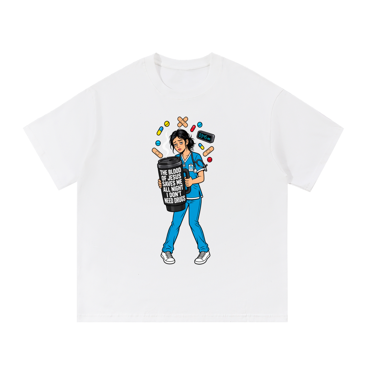 THE BLOOD OF JESUS SAVES ME ALL NIGHT I DON'T NEED DRUGS T-Shirt