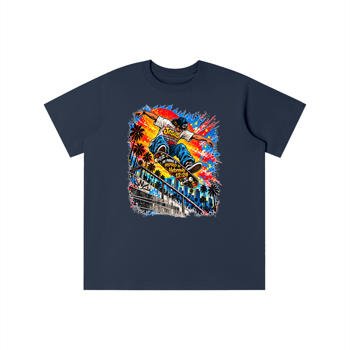 the blood of Jesus speaks better things than the blood of Abel the phrase is inspired by HEBREWS 12:24 skater youth T-shirt