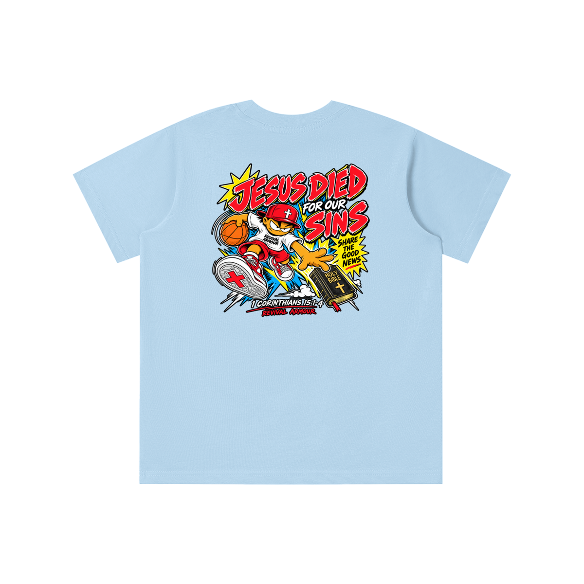 SUBMIT TO JESUS RESIST THE DEVIL AND HE WILL FLEE FROM YOU INSPIRED BY JAMES 4:7 JESUS DIED FOR OUR SINS SHARE THE GOOD NEWS HOLY BIBLE 1 CORTHIANS 15:1-4 REVIVAL ARMOUR youth T-shirt