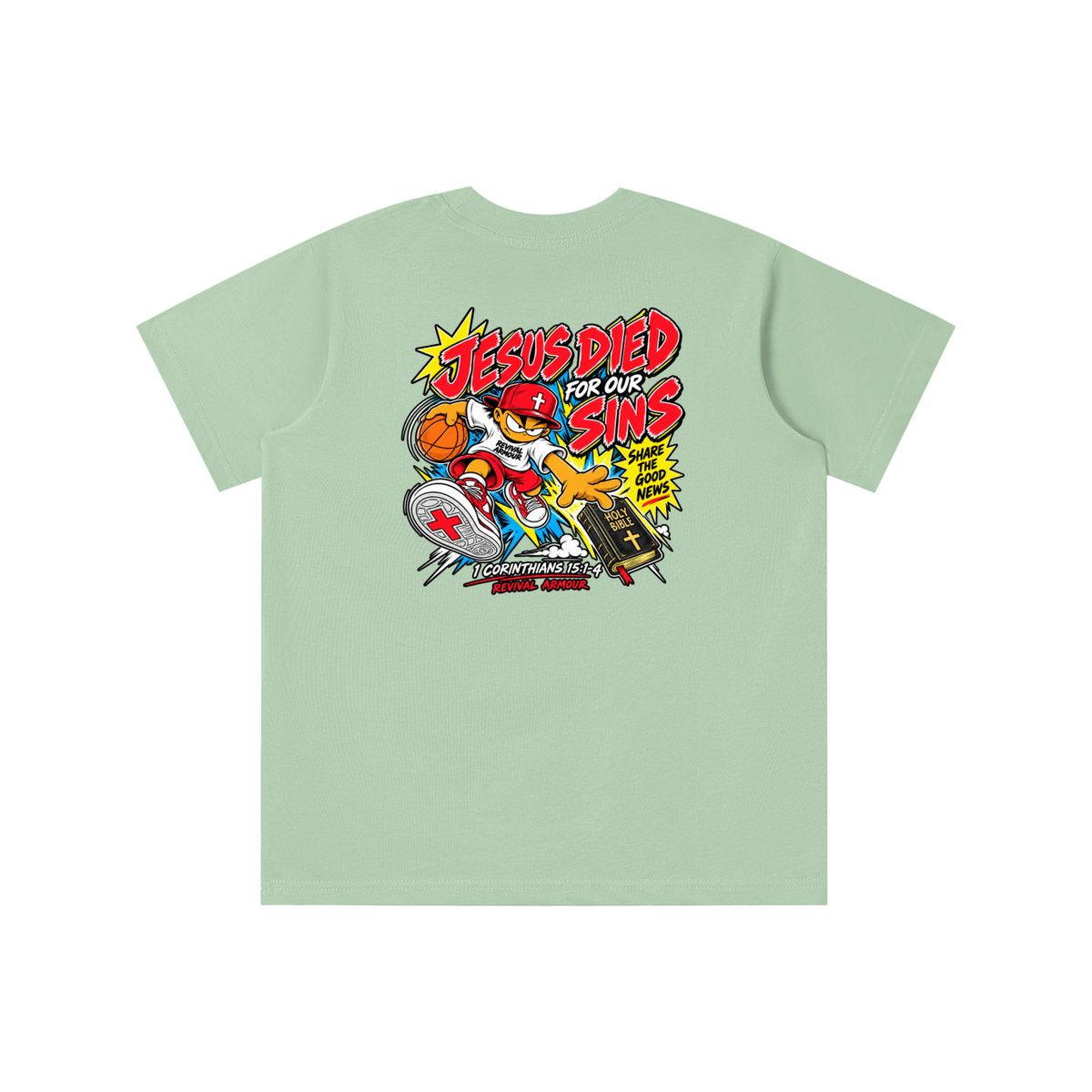 SUBMIT TO JESUS RESIST THE DEVIL AND HE WILL FLEE FROM YOU INSPIRED BY JAMES 4:7 JESUS DIED FOR OUR SINS SHARE THE GOOD NEWS HOLY BIBLE 1 CORTHIANS 15:1-4 REVIVAL ARMOUR Kids' T-shirt