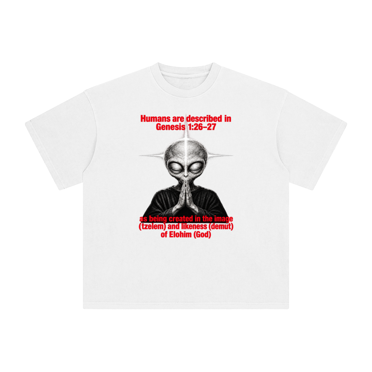 human are described in Genesis 1:26-27 as being created in the image (tzelem) and likeness (demut) of Elohim (God) T-Shirt