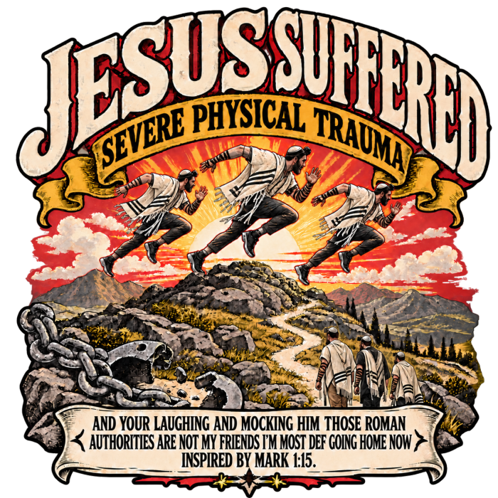 JESUS SUFFERED SEVERE PHYSICAL TRAUMA AND YOUR LAUGHING AND MOCKING HIM THOSE ROMAN AUTHORITIES ARE NOT MY FRIENDS I'M MOST DEF GOING HOME NO INSPIRED BY MARK 1:15. T-Shirt