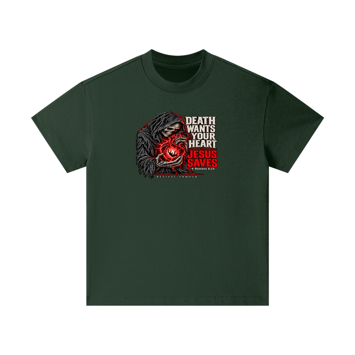 DEATH WANTS YOUR HEART JESUS SAVES ROMANS 6:23 REVIVAL ARMOUR KIDS T-Shirt