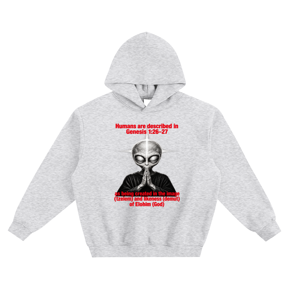 human are described in Genesis 1:26-27 as being created in the image (tzelem) and likeness (demut) of Elohim (God) no pocket Hoodie