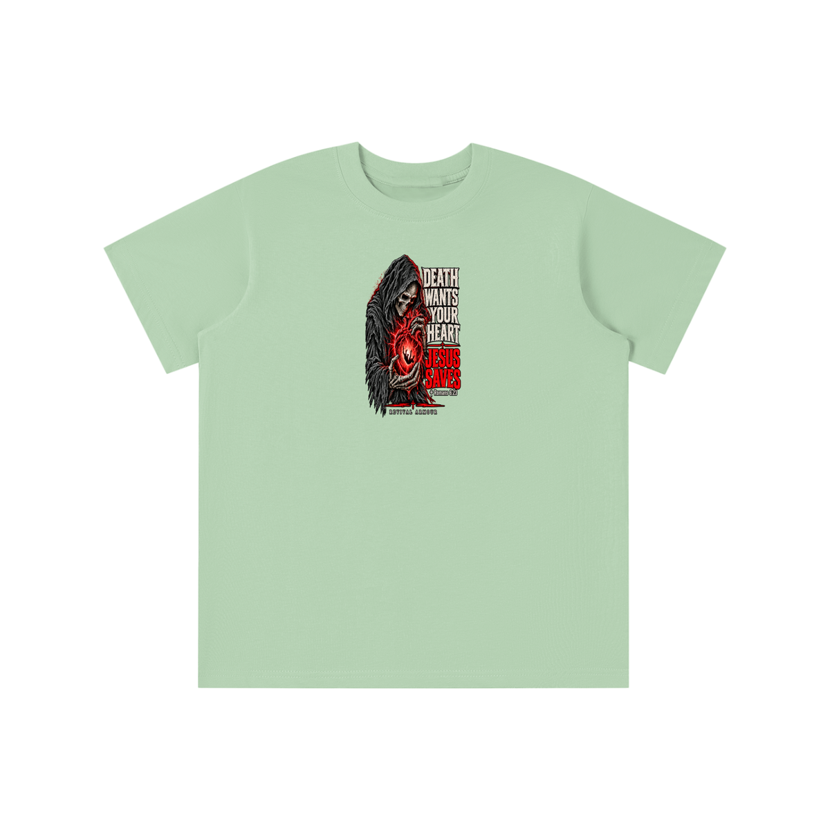 DEATH WANTS YOUR HEART JESUS SAVES ROMANS 6:23 REVIVAL ARMOUR youth T-shirt