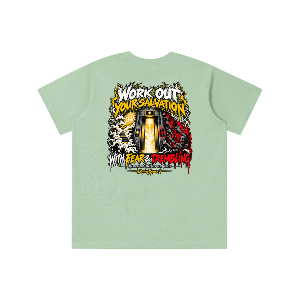THE WAGE OF SIN IS DEATH WORKOUT YOUR SALVATION WITH FEAR & TREMBLING youth T-shirt