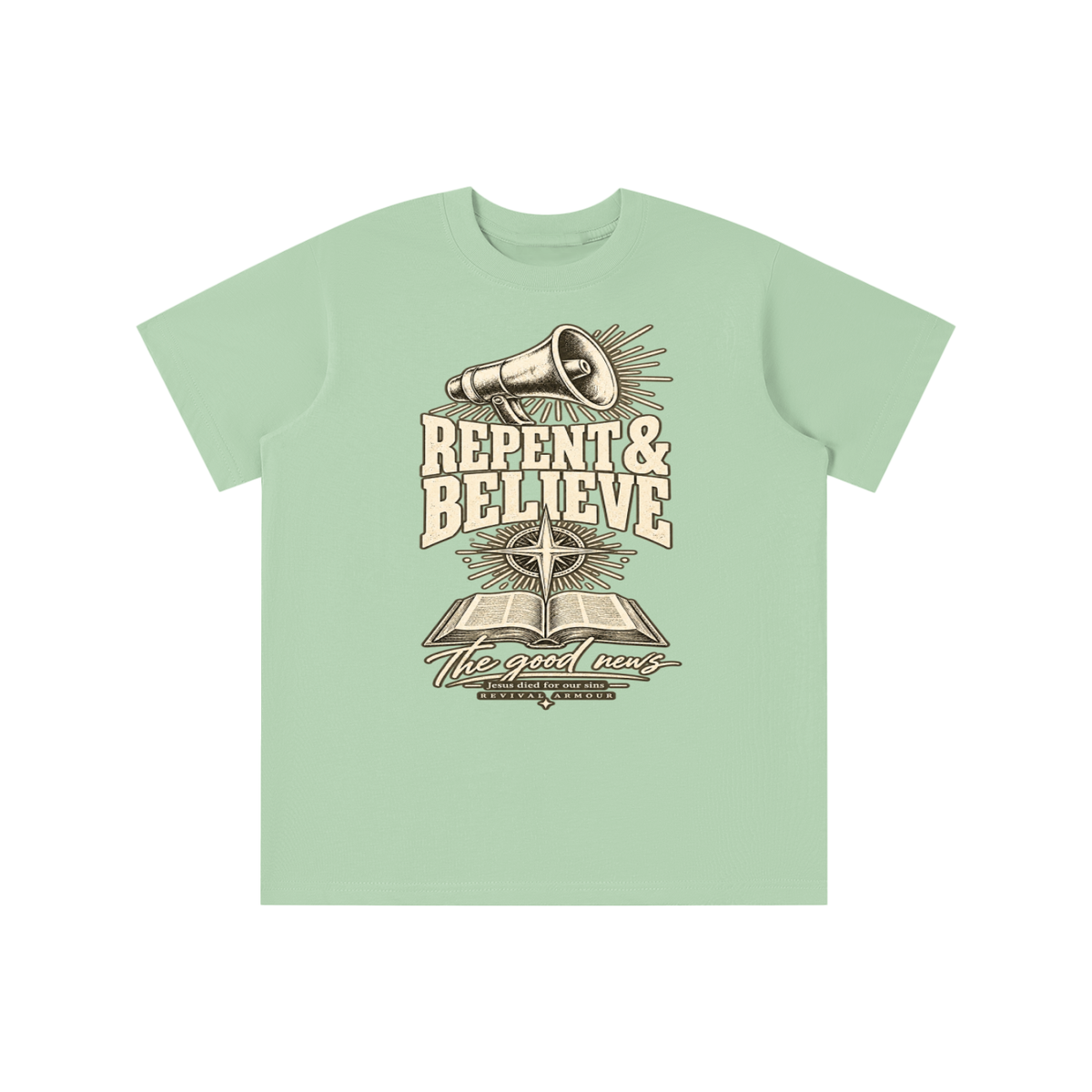 REPENT & BELIEVE The good news Jesus died for our sins REVIVAL ARMOUR youth T-shirt