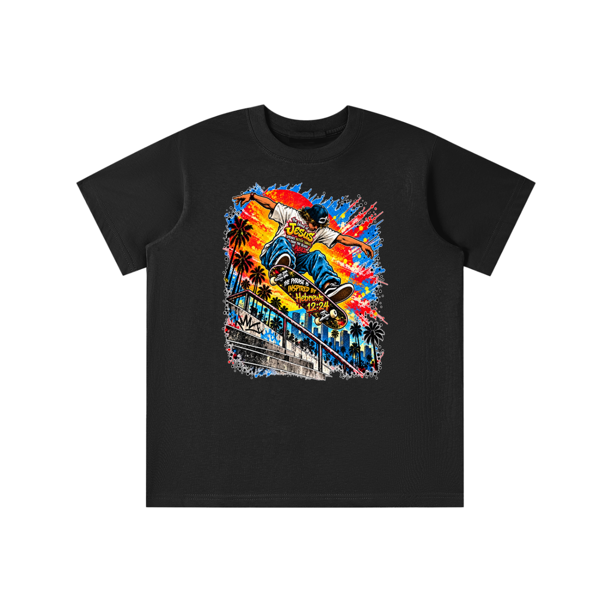 the blood of Jesus speaks better things than the blood of Abel the phrase is inspired by HEBREWS 12:24 skater youth T-shirt