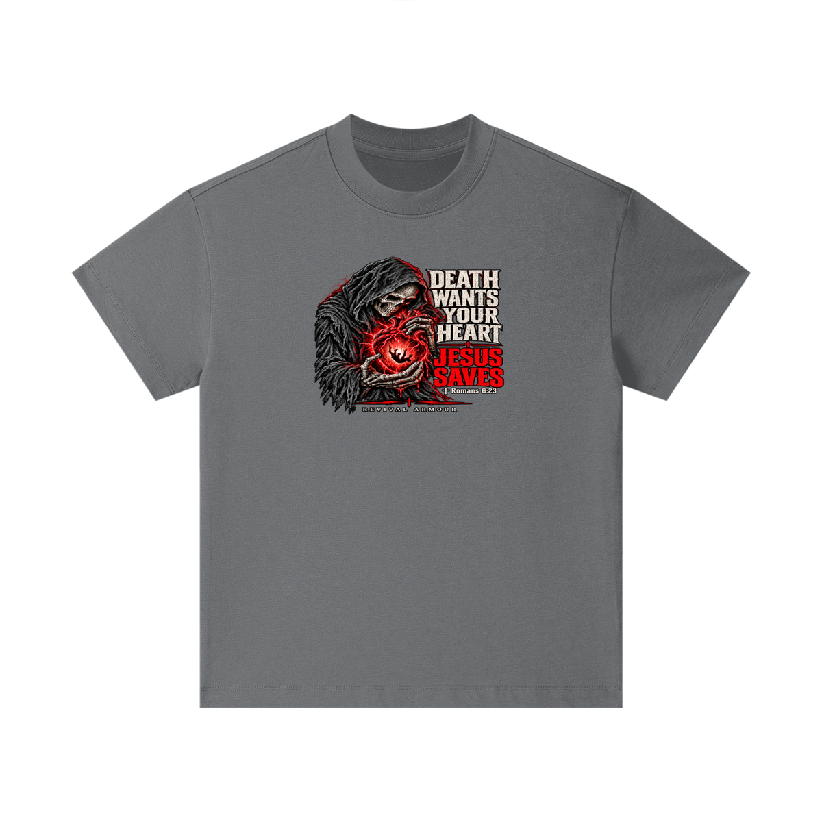 DEATH WANTS YOUR HEART JESUS SAVES ROMANS 6:23 REVIVAL ARMOUR KIDS T-Shirt