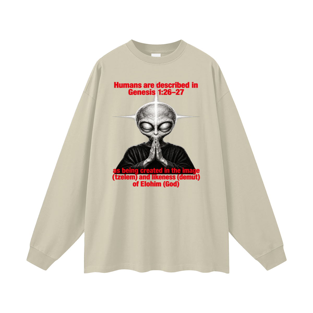 human are described in Genesis 1:26-27 as being created in the image (tzelem) and likeness (demut) of Elohim (God) Long Sleeve T-Shirt