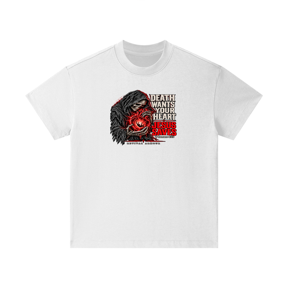 DEATH WANTS YOUR HEART JESUS SAVES ROMANS 6:23 REVIVAL ARMOUR KIDS T-Shirt