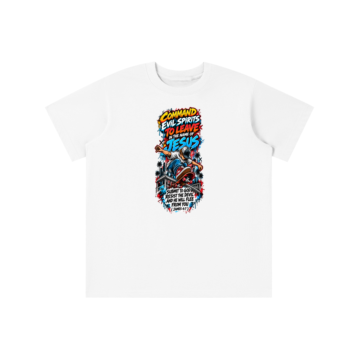COMMAND EVIL SPIRITS TO LEAVE IN THE NAME OF JESUS SUBMIT TO GOD RESIST THE DEVIL AND HE WILL FLEE FROM YOU ( JAMES 4:7 ) youth T-shirt