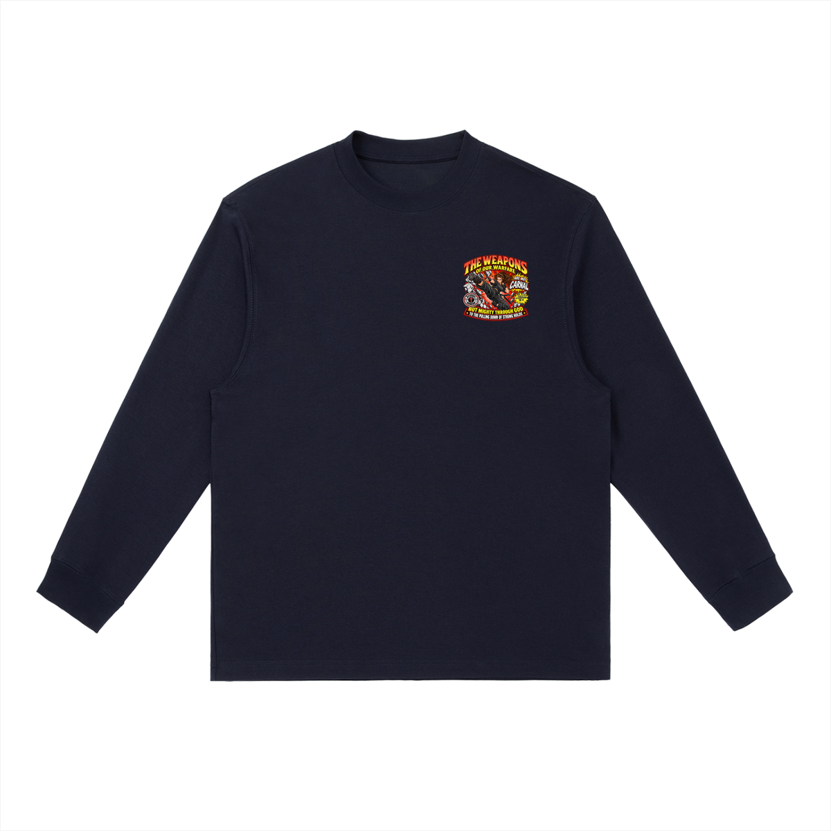 THE WEAPONS OF OUR WARFARE ARE NOT CARNAL INSPIRED BY 2 CORINTHIANS 10:4 BUT MIGHTY THROUGH GOD TO THE PULLING DOWN OF STRONG HOLDS REVIVAL ARMOUR Long-Sleeve T-Shirt