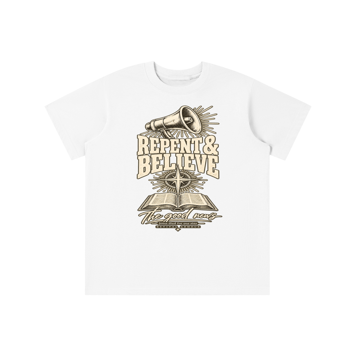REPENT & BELIEVE The good news Jesus died for our sins REVIVAL ARMOUR youth T-shirt
