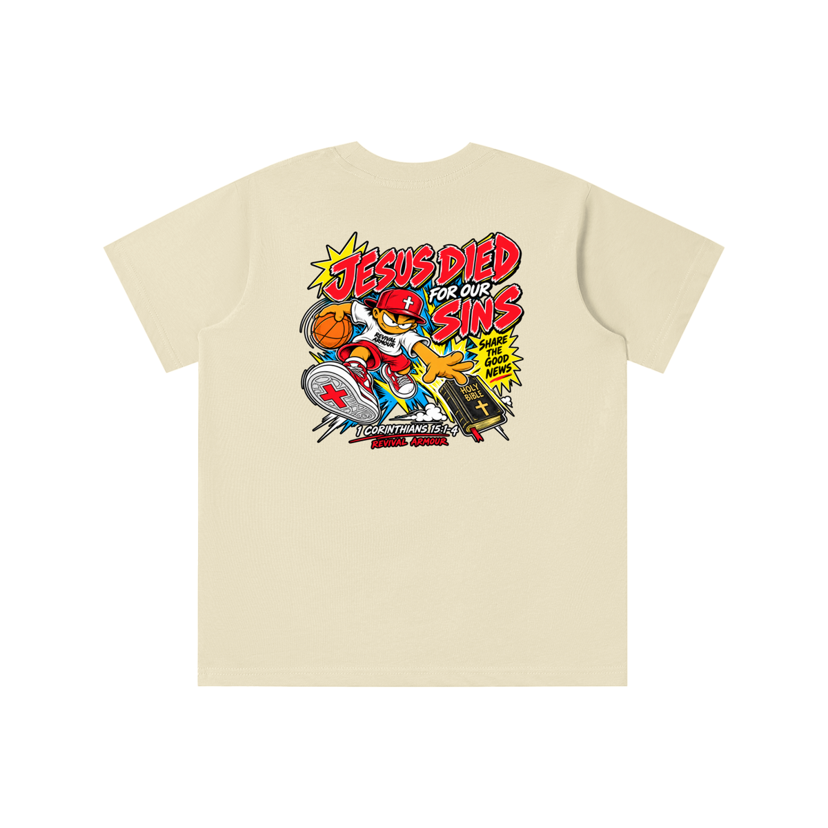 SUBMIT TO JESUS RESIST THE DEVIL AND HE WILL FLEE FROM YOU INSPIRED BY JAMES 4:7 JESUS DIED FOR OUR SINS SHARE THE GOOD NEWS HOLY BIBLE 1 CORTHIANS 15:1-4 REVIVAL ARMOUR youth T-shirt