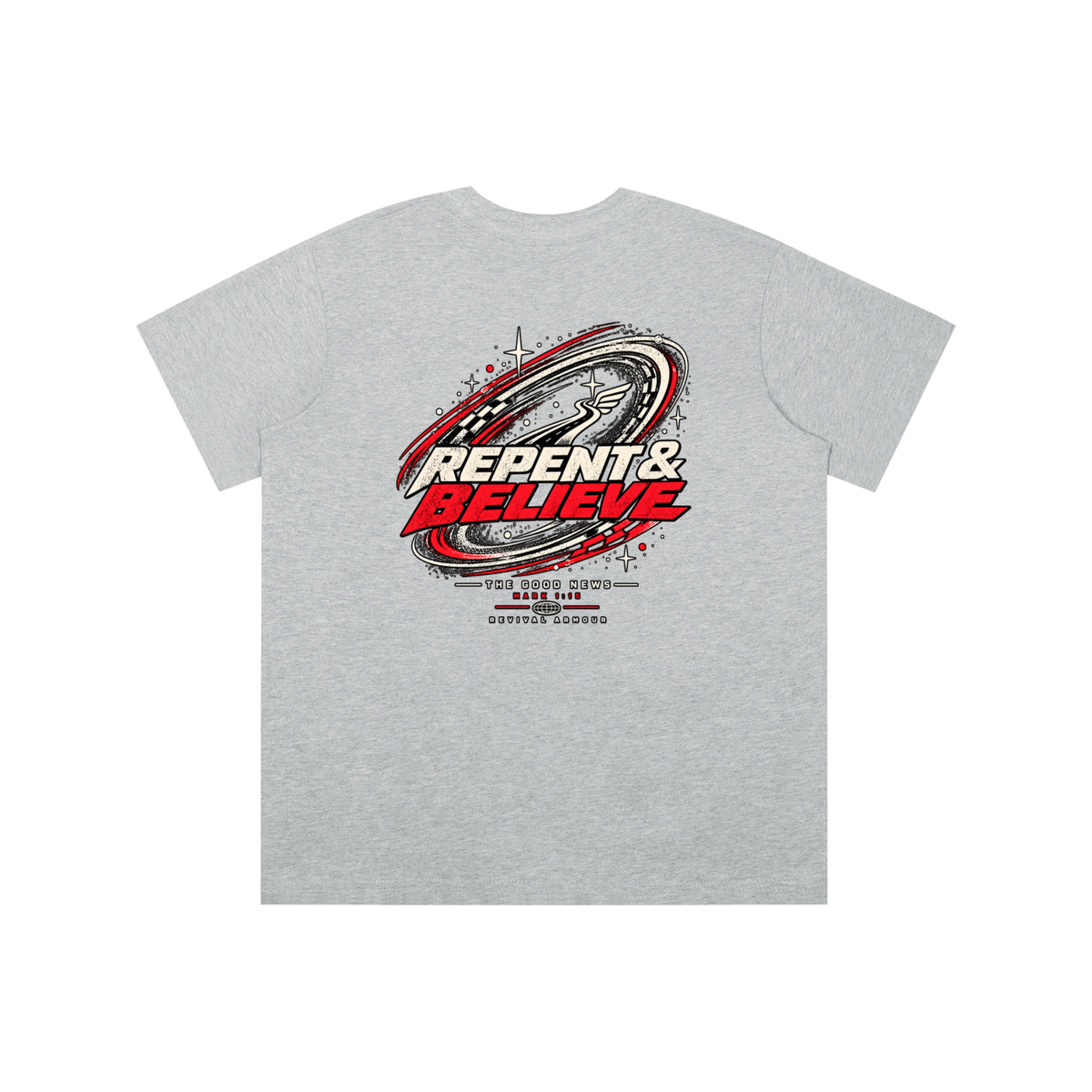 JESUS CHRIST DIED FOR OUR SINS THAT'S THE GOOD NEWS ACCORDING TO 1 CORINTHIANS 15:1-4 REPENT & BELIEVE THE GOOD NEWS - MARK 1:15 - REVIVAL ARMOUR youth T-shirt