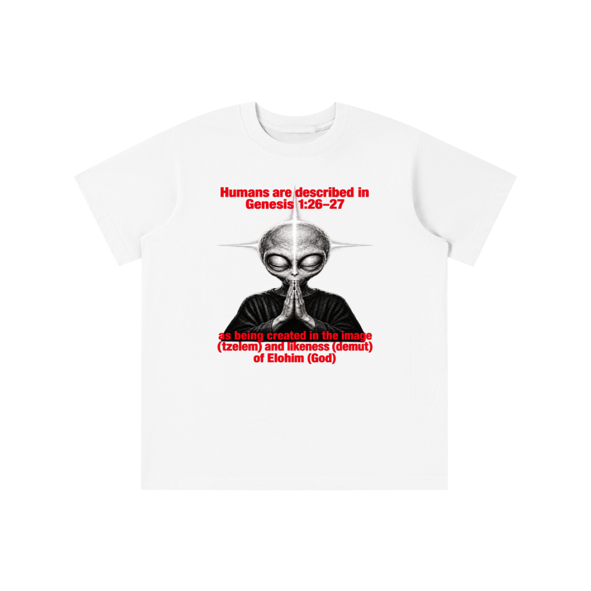 human are described in Genesis 1:26-27 as being created in the image (tzelem) and likeness (demut) of Elohim (God) youth T-shirt