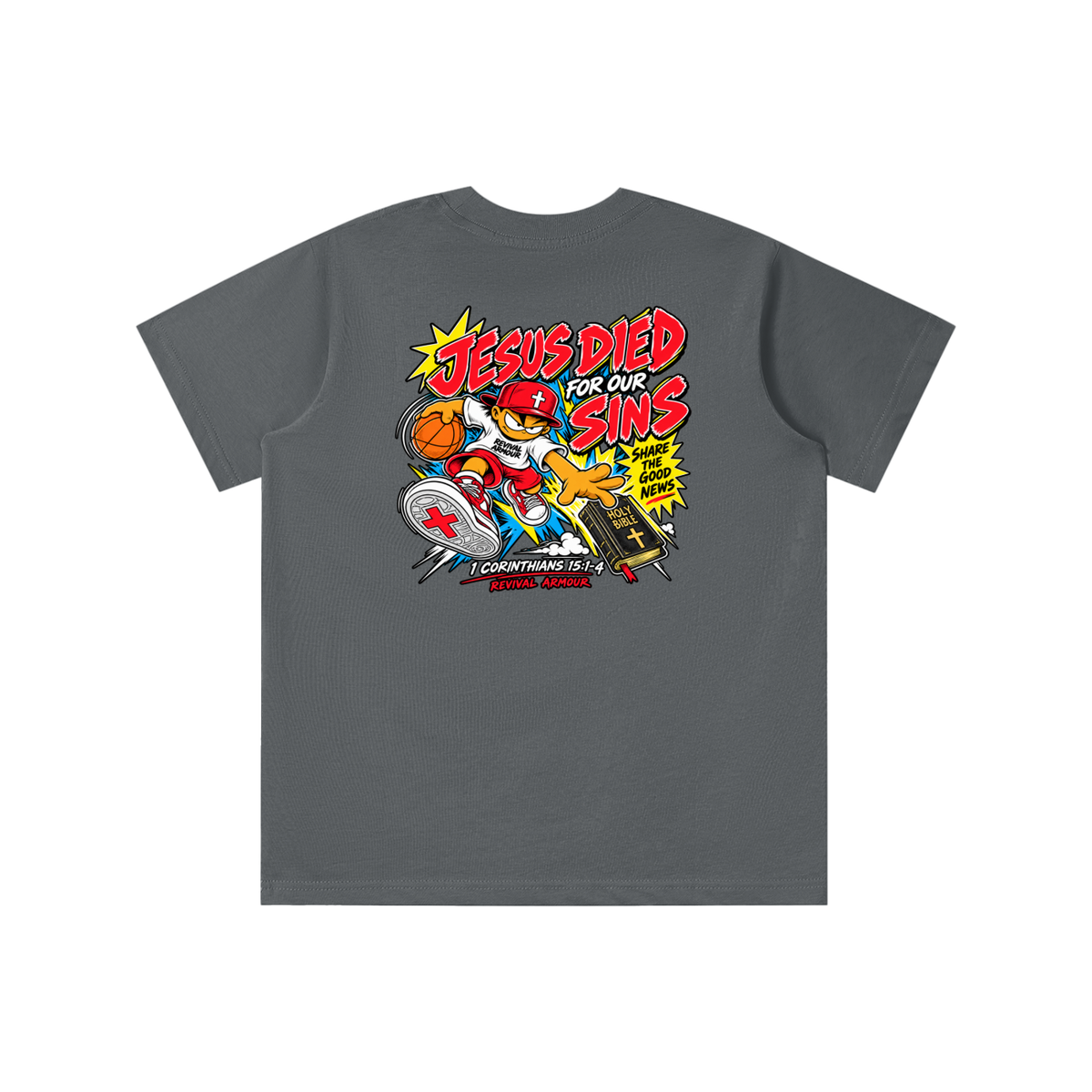 SUBMIT TO JESUS RESIST THE DEVIL AND HE WILL FLEE FROM YOU INSPIRED BY JAMES 4:7 JESUS DIED FOR OUR SINS SHARE THE GOOD NEWS HOLY BIBLE 1 CORTHIANS 15:1-4 REVIVAL ARMOUR youth T-shirt