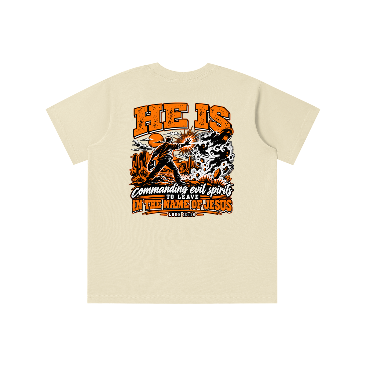THE WEAPONS OF OUR WARFARE ARE NOT CARNAL HE IS COMMANDING EVIL SPIRITS TO LEAVE IN THE NAME OF JESUS - LUKE 10:19 - youth T-shirt
