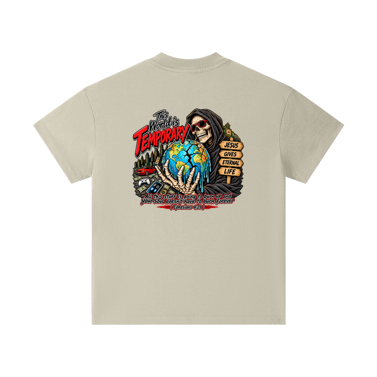 This world is temporary Jesus gives eternal life all this stuff is going to burn up and your doesn't have to burn forever ( Ephesians 4:29 ) Kids T-Shirt