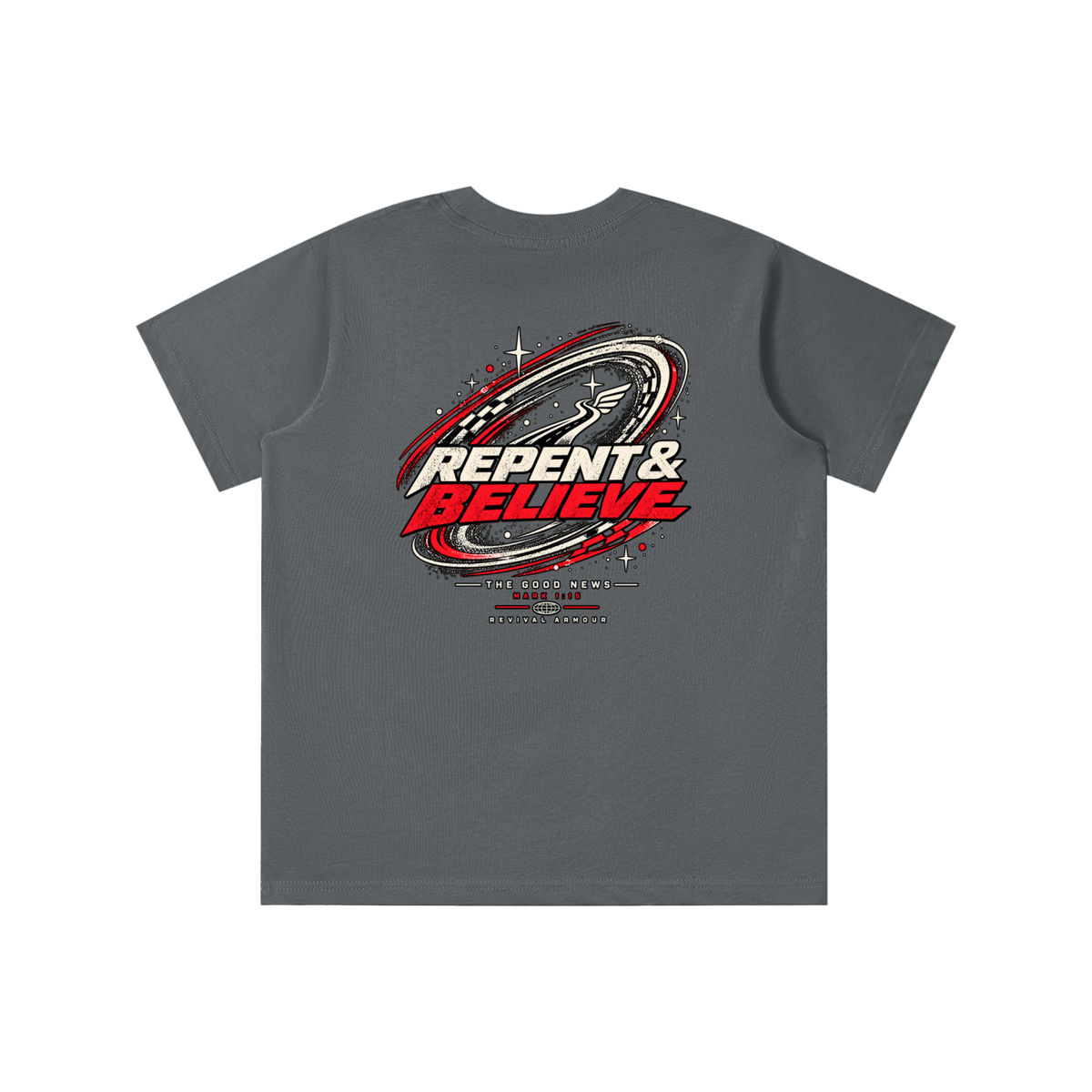 JESUS CHRIST DIED FOR OUR SINS THAT'S THE GOOD NEWS ACCORDING TO 1 CORINTHIANS 15:1-4 REPENT & BELIEVE THE GOOD NEWS - MARK 1:15 - REVIVAL ARMOUR youth T-shirt