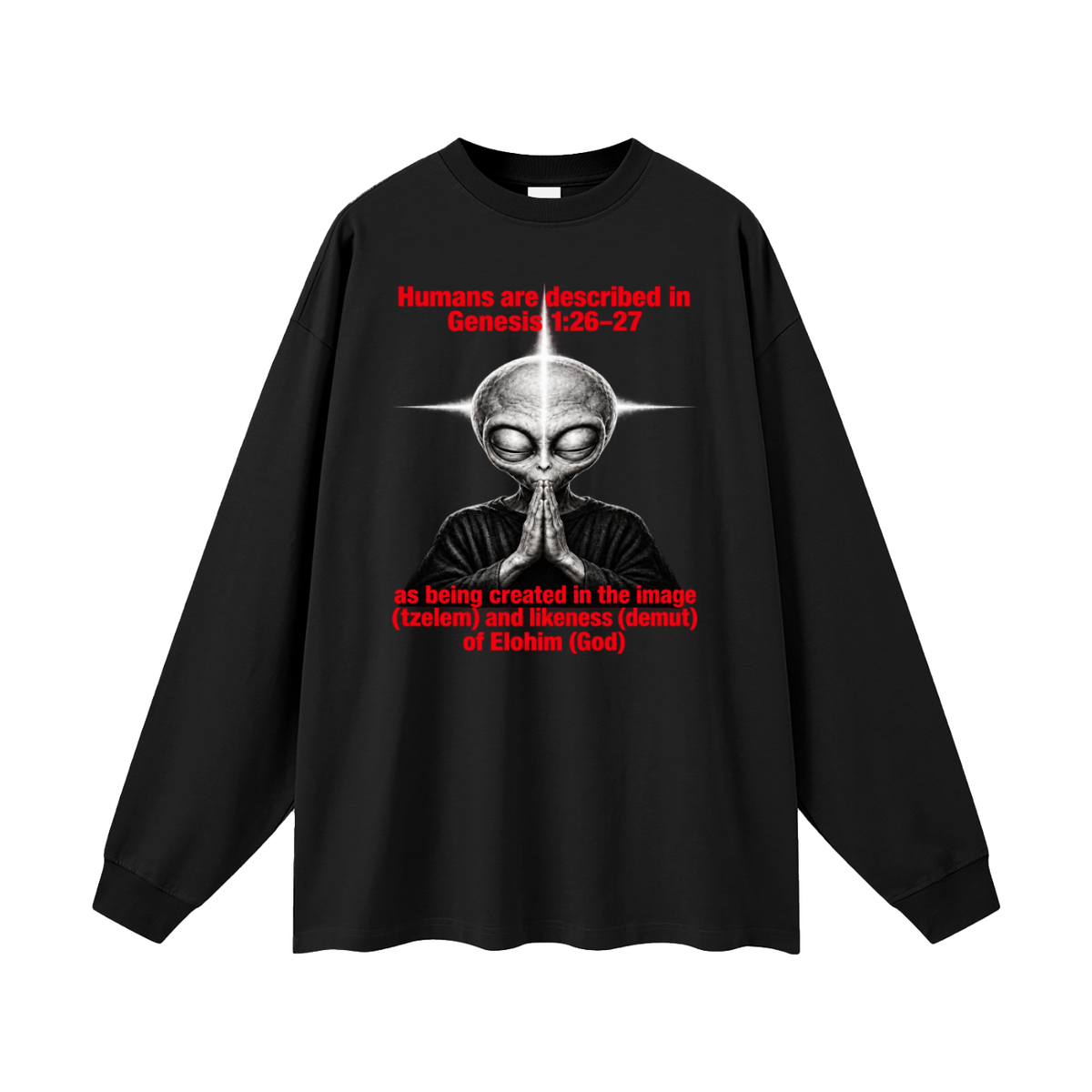 human are described in Genesis 1:26-27 as being created in the image (tzelem) and likeness (demut) of Elohim (God) Long Sleeve T-Shirt