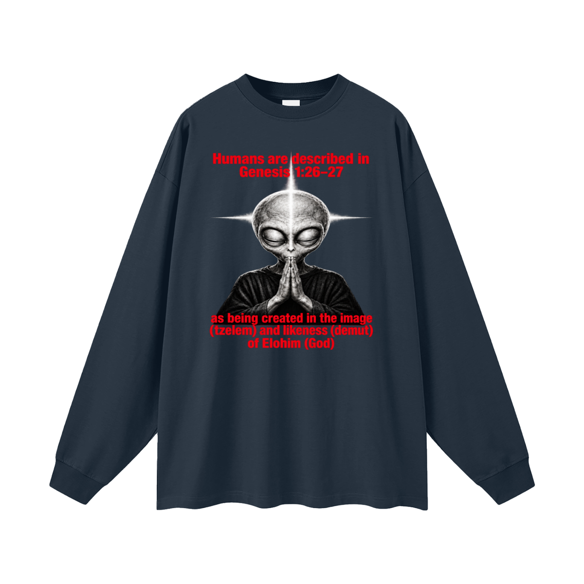 human are described in Genesis 1:26-27 as being created in the image (tzelem) and likeness (demut) of Elohim (God) Long Sleeve T-Shirt
