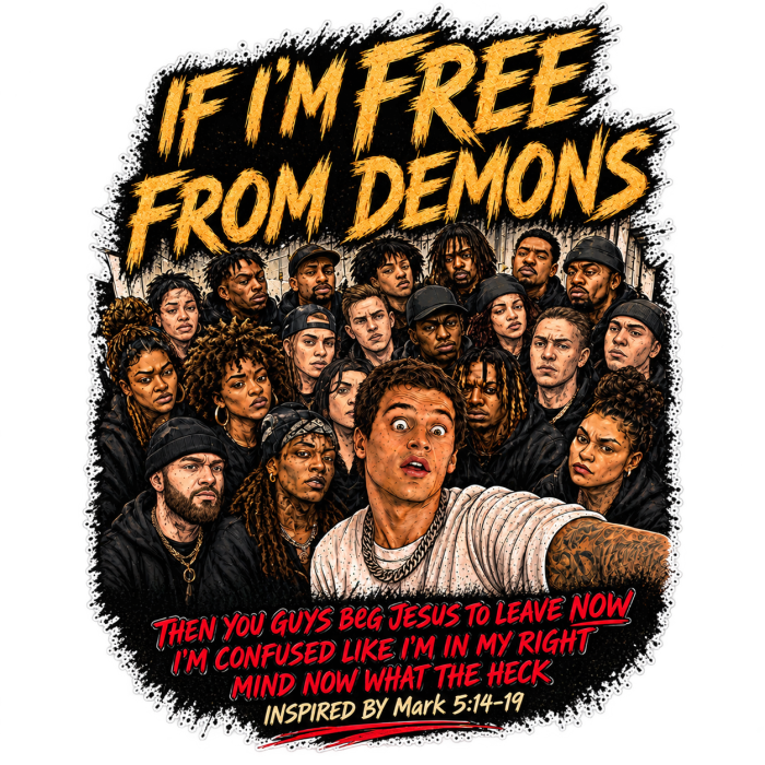 IF I'M FREE FROM DEMONS THEN YOU GUYS BEG JESUS TO LEAVE NOW I'M CONFUSED LIKE I'M IN MY RIGHT MIND NOW WHAT THE HECK INSPIRED BY Mark 5:14-19 Hoodie