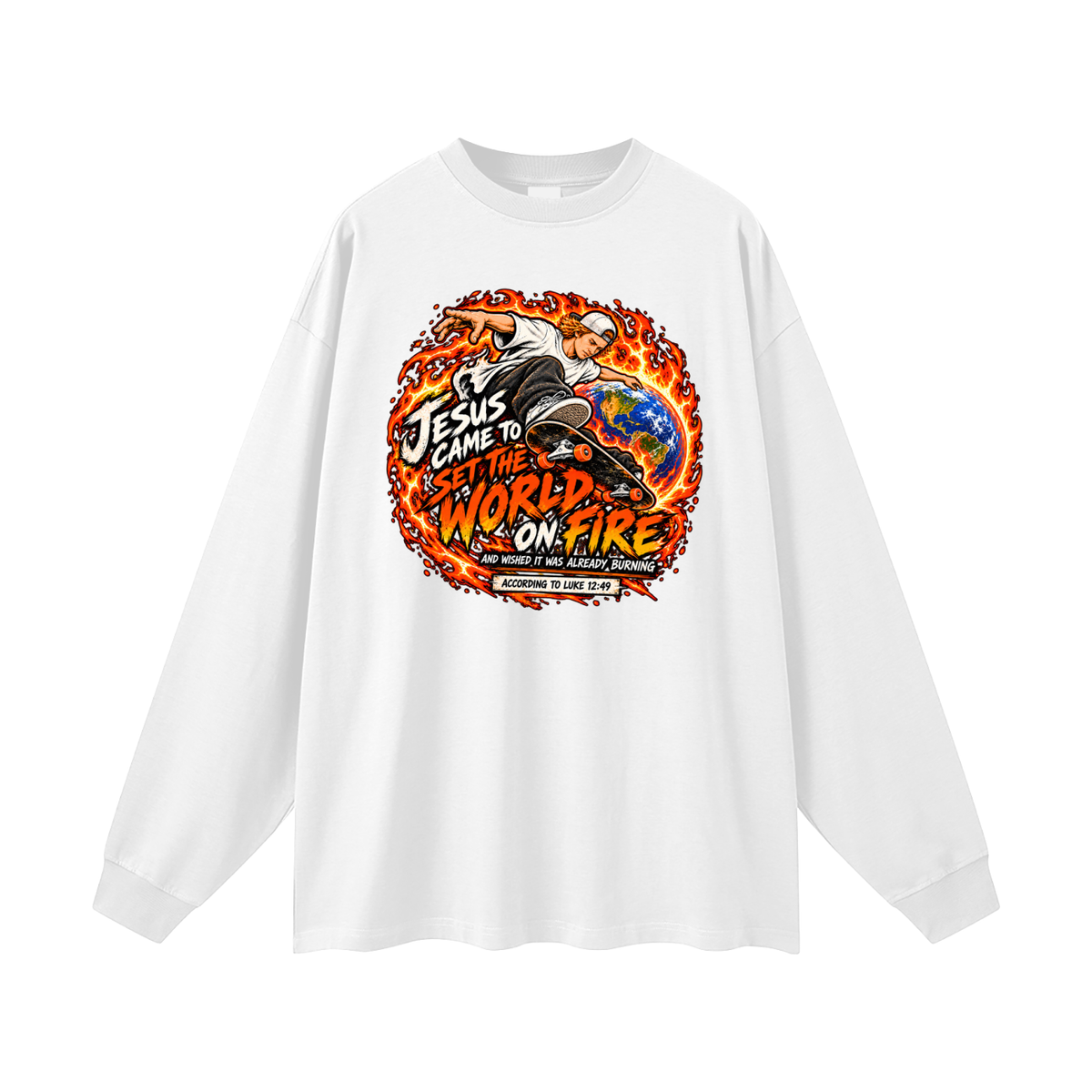 JESUS CAME TO SET THE WORLD ON FIRE AND WISHED IT WAS ALREADY BURNING ACCORDING TO LUKE 12:49 Long Sleeve T-Shirt