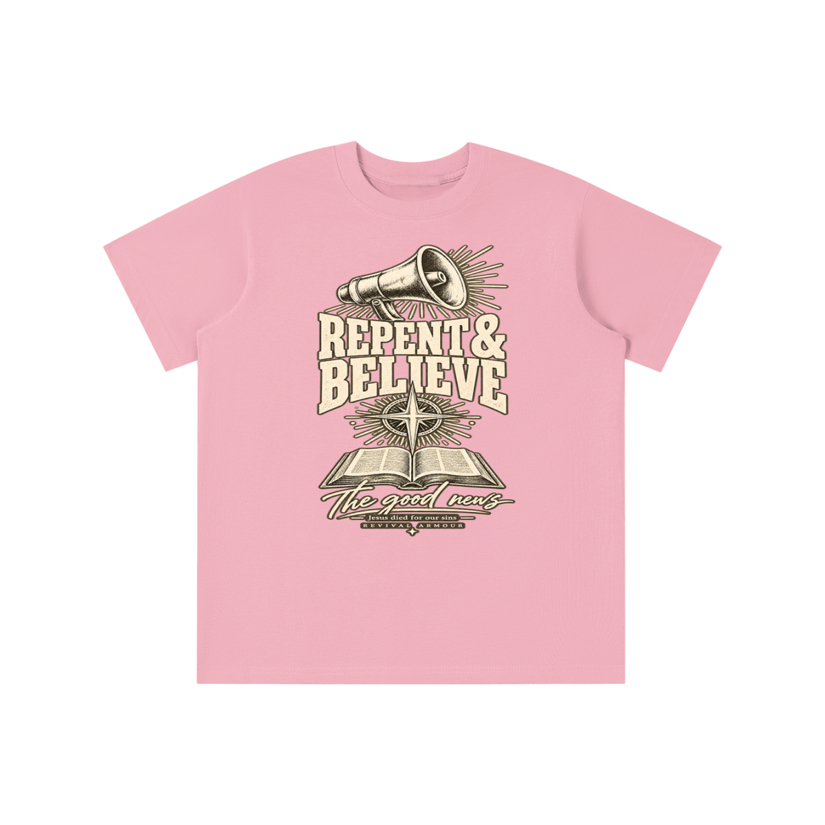 REPENT & BELIEVE The good news Jesus died for our sins REVIVAL ARMOUR youth T-shirt
